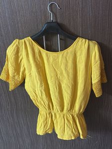 Yellow Lace Trim Peplum Top