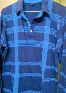Men Checkered Polo Neck Navy Blue T-shirt