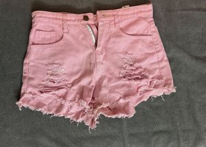 Pink Distressed Denim Shorts
