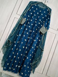 Teal Flore Length Gown With Pant N Dupatta