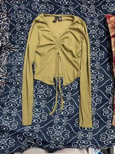 Olive Ribbed Tie Front Top