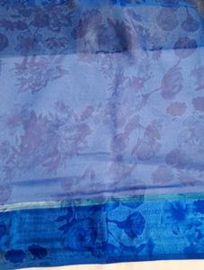 Dark Navy Blue Floral Printed Silky Border Saree