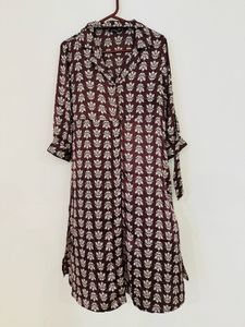 Brown Printed Shirt Dress with Waist Tie-Up