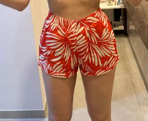 HWW Red Leaf Printed Linen shorts, S