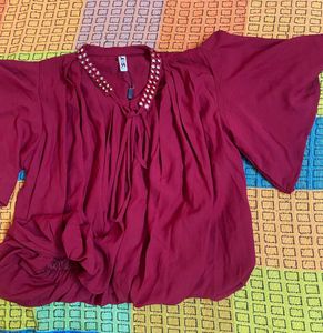 Red Flowy Mirror Work Top/Blouse
