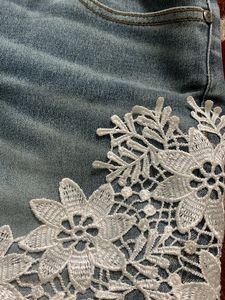 Denim Shorts With Flower Net Embroidery