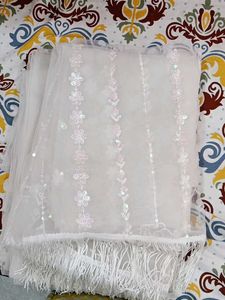 Elegant Embroidered Net Fabric with Fringe