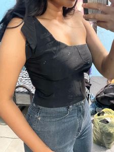 One Sleeve Black Crop Top
