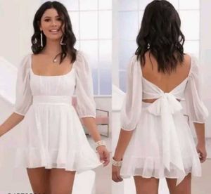 White Mini Dress - Puff Sleeves & Back Bow Detail