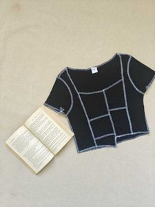Black Contrast Stitch Crop Top