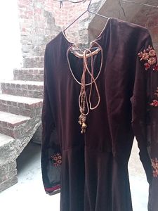 Brown Flared Embroidered Gown