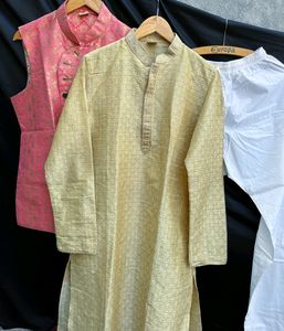 Manyavar three piece kurta pajama nehru jacket set