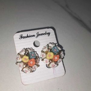 Multi-color Flower Studs With Gold Stones Work