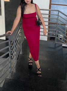 NEWME Red Square Neck Strapped Maxi Dress