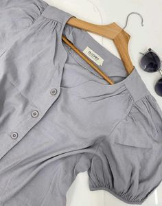 Gray Button-Up Puff Sleeve Top
