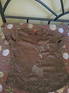 Olive Brown Embellished V-Neck Top
