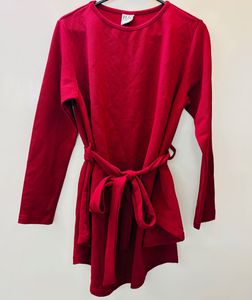 Maroon Long Sleeve Peplum Top with Waist Tie