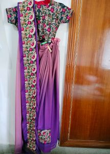 Purple Pink Red Floral Embroidered Designer Saree