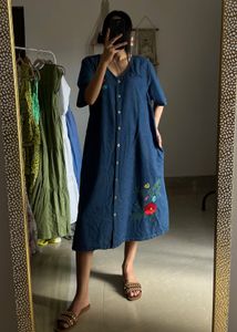Vintage DENIM Embroidered Midi Dress