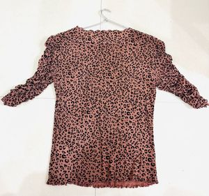 Animal Print Embroidered Ruffle Sleeve Top