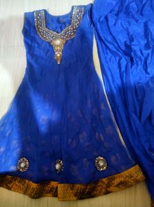 Net Anarkali Blue Gold  With Chudidar