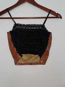 Brown Leather Lace Trim Top
