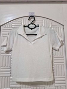 White Ribbed Polo Collared Tee.