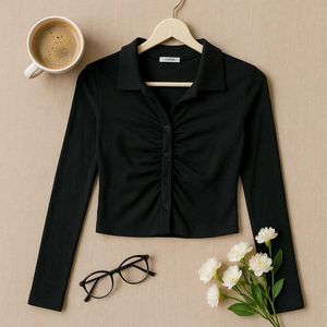 Stylish Black Ruched Button-Down Crop Top
