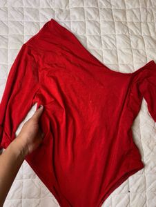 Red One Shoulder Down Bodysuit Top❤️