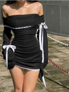 Strapless,Off Shoulder Lace Bow Mini  Black Dress
