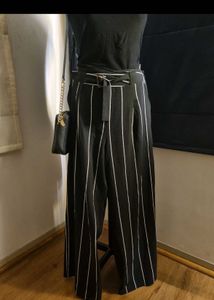 Black &amp; White Striped Wide Leg Pants