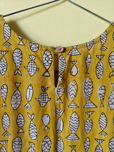 Mustard Fish Print Cotton Dress