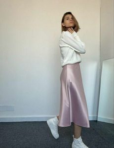Pink Satin Midi Skirt