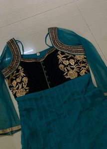 Teal &amp; Black Embroidered Anarkali