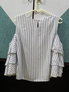Striped Cold Shoulder Ruffle Top