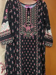 Charcoal Black & Pink Printed Kurta