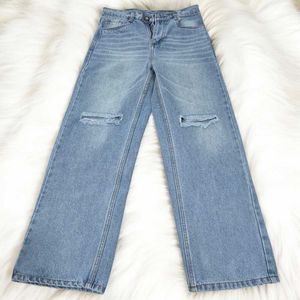 Vintage Wash Wide-Leg Distressed Jeans