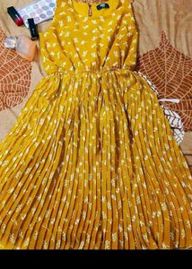Mustard Floral Pleated Dress