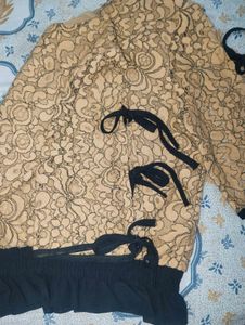 Elegant Lace Tie-Sleeve Top – Golden Beige