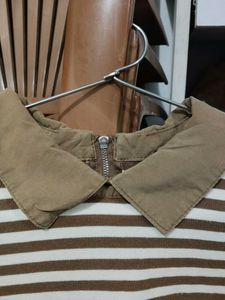 Trendy Brown &amp; White Striped Collared Top – Long S