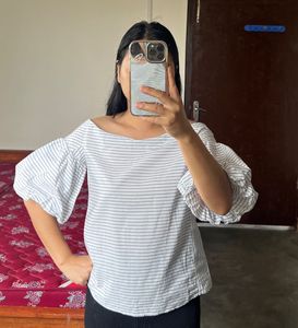 Striped Off-Shoulder Puff Sleeve Top
