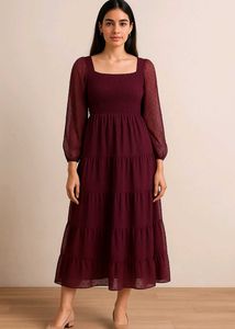 Pretty Purple Korean Dress With Puff Sleeves