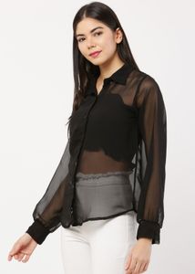 Black Sheer Button-Down Blouse