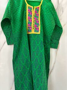 Bottle Green Kurti With Yellow Embroidery