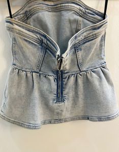 Denim Tube Top with Peplum Hem