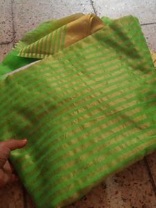 Green &amp; Gold Striped Saree Fabric