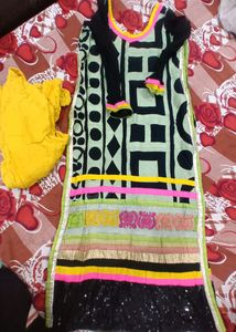 Black Embroided Kurta With Yellow Bottom