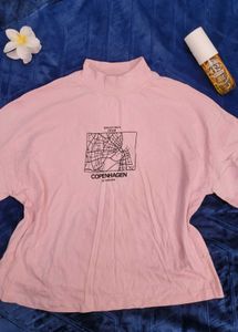 Cute Korean Style High Neck Pink Tee