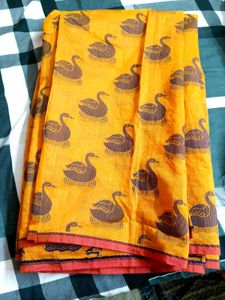Yellow Swan Print Saree