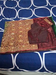 Green  Banaras Embroidered Fabric Heavy Work Saree